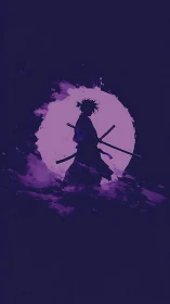 Silhouetted dual-katana warrior framed by textured lunar backdrop