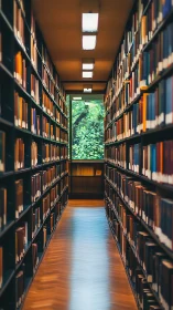 Narrow library aisle with tall bookshelves and window.