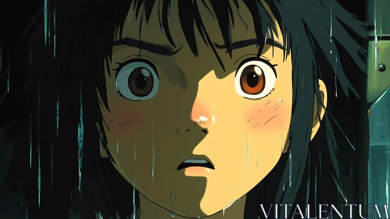 Close-up anime portrait of shocked teen under streaming rain
