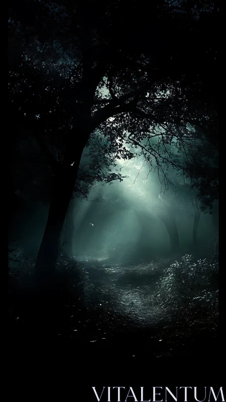 Moody forest path lit by cold, misty moonlight glow.