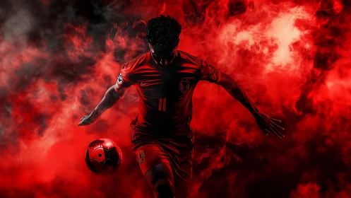 Silhouetted football player controls ball within dense red smoke