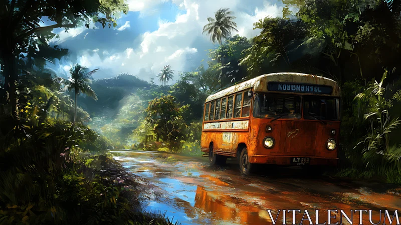 Old orange bus moves along wet jungle road after rain