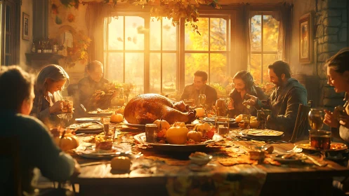 Golden autumn family feast around a cozy harvest table.