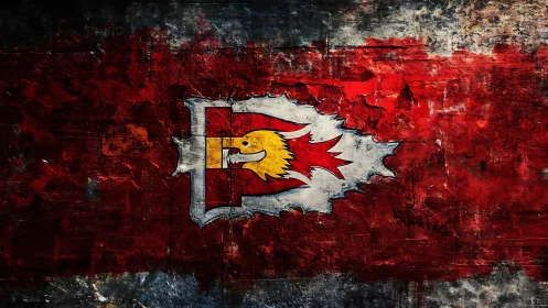 Weathered red wall with stylized flame bird emblem centered.