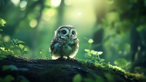 Adorable baby owl perched on mossy branch in dreamy forest scene.