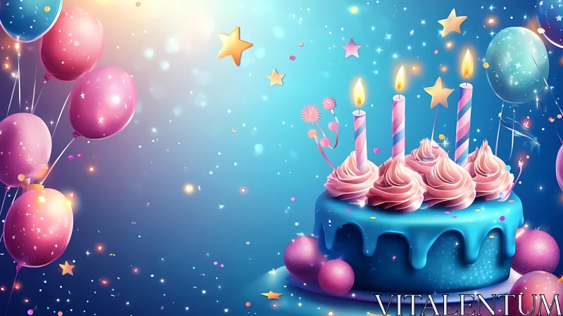 Turquoise Birthday Cake with Pink Balloons and Glowing Stars.