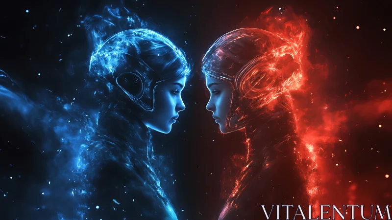 Dual female figures in blue ice and red fire energy contrast.