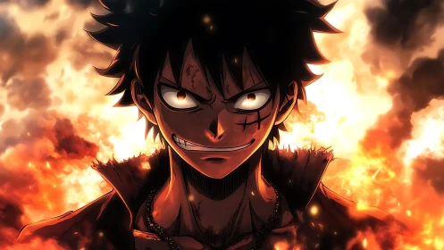 Intense anime warrior framed by incendiary, high-contrast flames