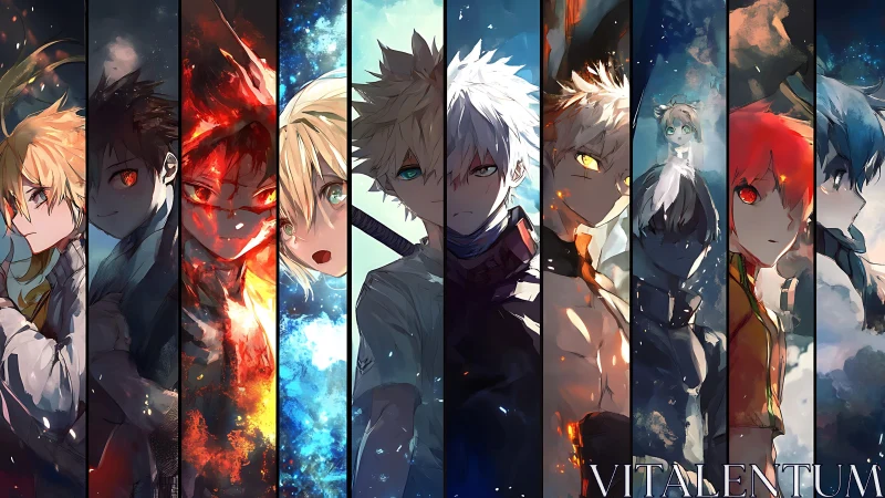 Elemental anime avatars in segmented panoramic composition.