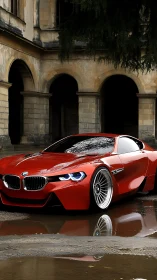 Red BMW concept coupe with wet reflections and stone arches.