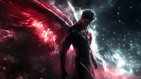 Fierce winged warrior stands in swirling red and silver light