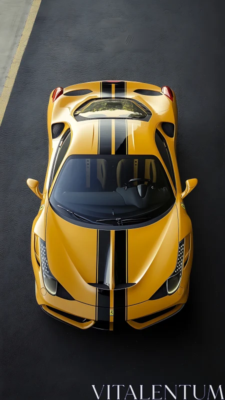 Top-down view of yellow striped sports car on dark asphalt.