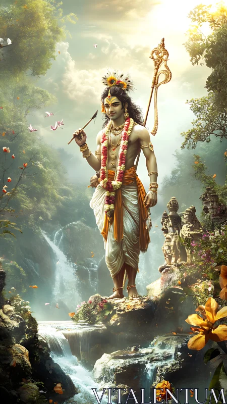 Divine figure standing by waterfalls in lush forest scene.