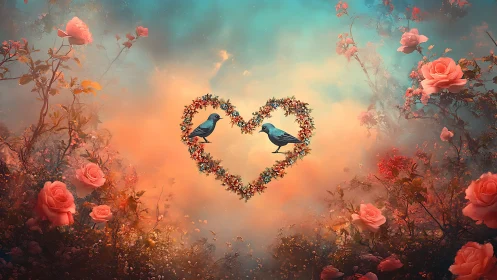 Blue Birds Within Floral Heart Among Rose Garden