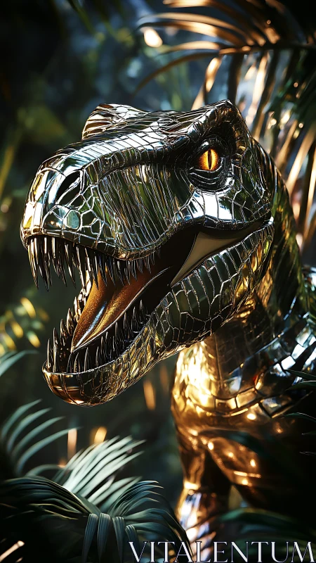 Chrome-plated dinosaur roars amid neon jungle foliage.