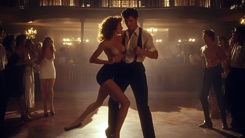 Intimate Dance Performance in Atmospheric Ballroom Setting with Warm Cinematic Lighting