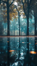 Misty Forest Reflection: Autumn Trees in Water.