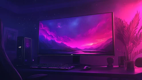 Neon lit gaming desktop setup with ultrawide monitor.