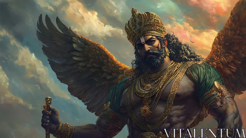 Winged warrior king stands under storm-lit divine sky.