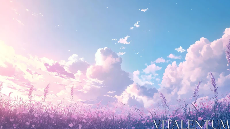 Luminous stratocumulus sky over pastel wildflower meadowscape.