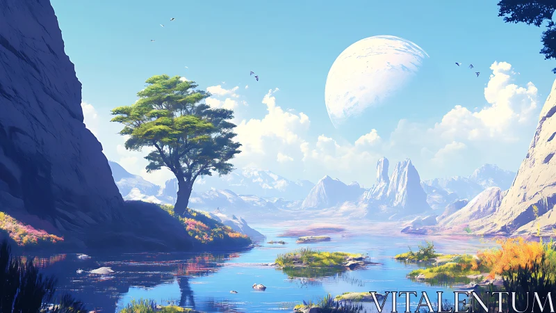 Alien river valley under large crescent moon with layered depth cues