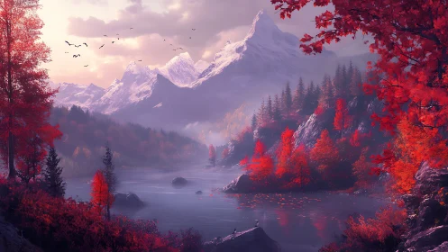 Mountain lake landscape depicts autumn forest and distant peaks