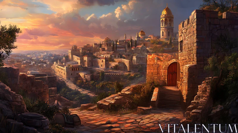 Golden domes glow above a sunlit hilltop stone city