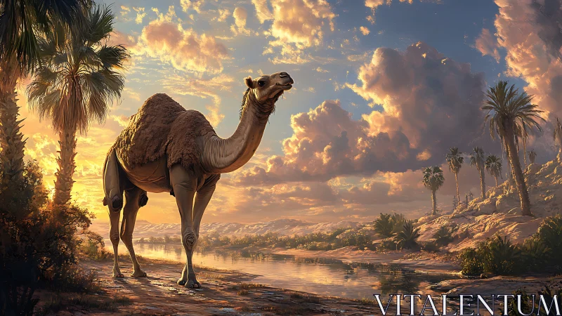 Single camel beside reflective desert oasis at sunset.