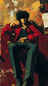 Relaxed man in red coat reclines in worn urban chair