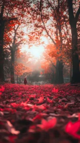 Sunlit autumn path where scarlet leaves invite slow steps.