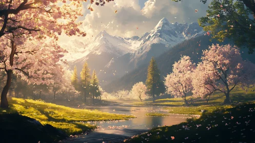 Spring mountain valley glows under soft golden sunrise light