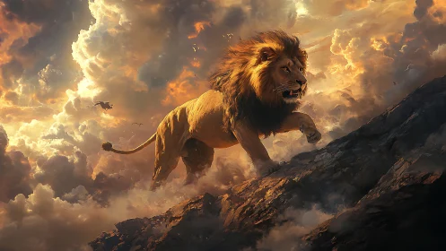 Lion climbs rocky slope under dense dramatic sunset clouds
