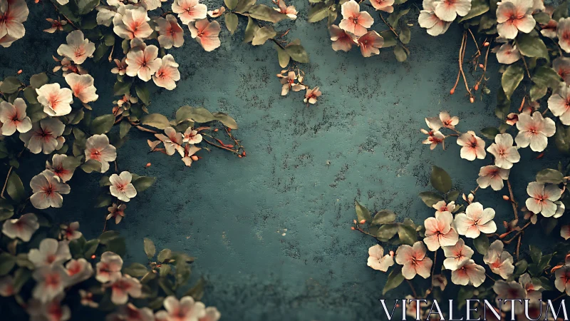 Pale Blossoms Adorn Weathered Turquoise Canvas.