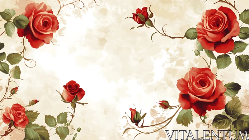 Red Roses Flourish on Cream Vintage Floral Frame