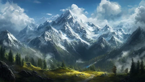 Crowned mountain giant above a sunlit emerald valley dream.
