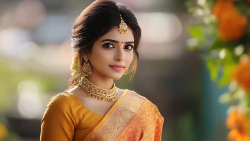 Elegant Indian bridal portrait in warm golden bokeh light.