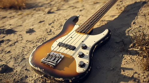 Sunburst electric bass guitar lying on dry sandy ground.