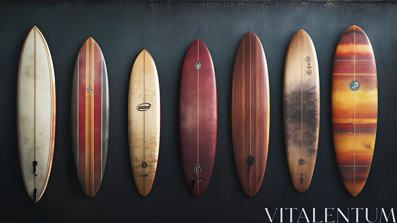 Surfboards are vertically aligned against a dark wall