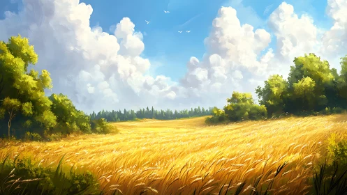 Golden wheat field glows beneath towering summer clouds.