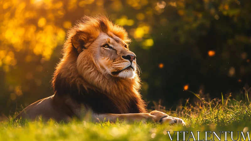 Male lion lying in grass under warm backlit sunset light.