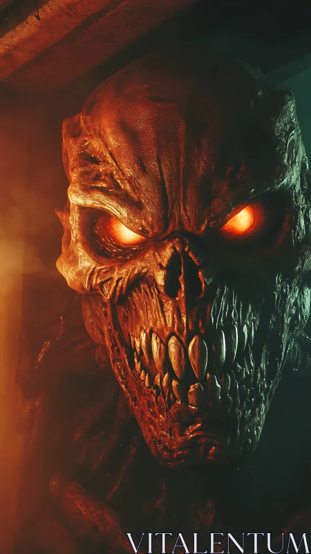 Fiery-eyed demon portrait glowing in deep shadowed gloom.