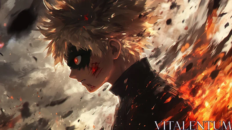 Explosive anime warrior strides through burning storm