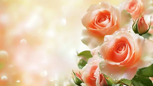 Coral Roses with Dewdrops Against Soft Golden Background.