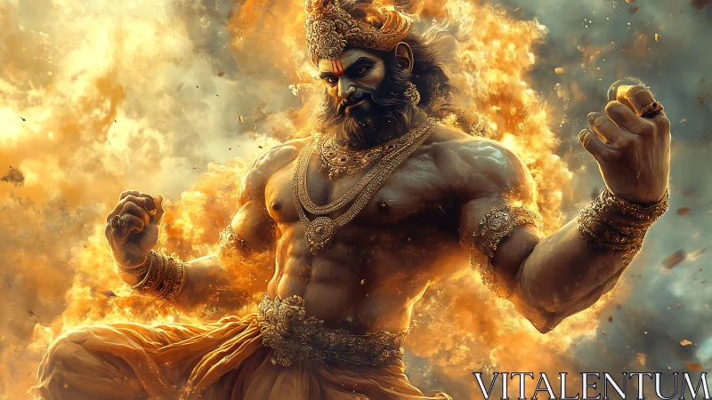 Mythic warrior deity emerges from flames in dynamic digital render