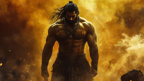 Mythic warrior emerging from blazing golden stormscape.