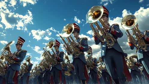Parallax brass brigade under cumuliform sky, low-angle rendered.