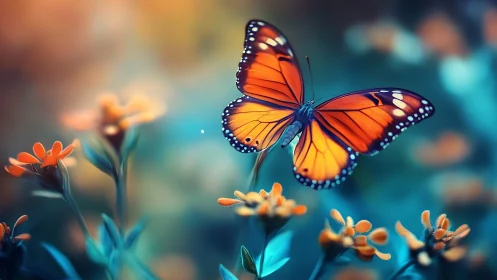 Chromatic macro study of orange butterfly in bokeh garden.