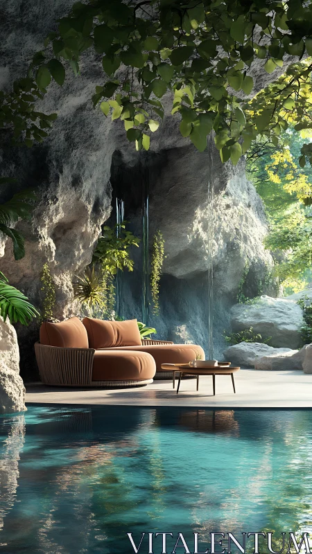 Luxury poolside cave lounge with sunlight and greenery