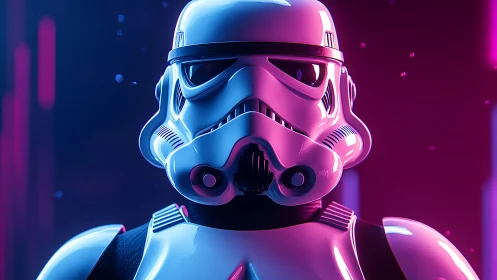 Neon-lit stormtrooper helmet rendered in cinematic 3D lighting