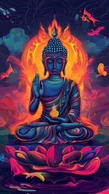Luminous lotus Buddha blazing in neon cosmic stillness.